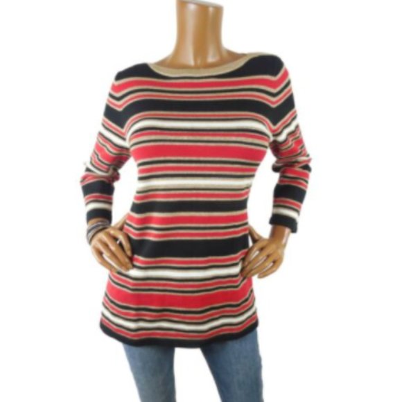 Jones New York Sweaters - JONES NY Top XL Metallic Stripe Sweater Red/Gold/Black Knit Casual Holiday Party